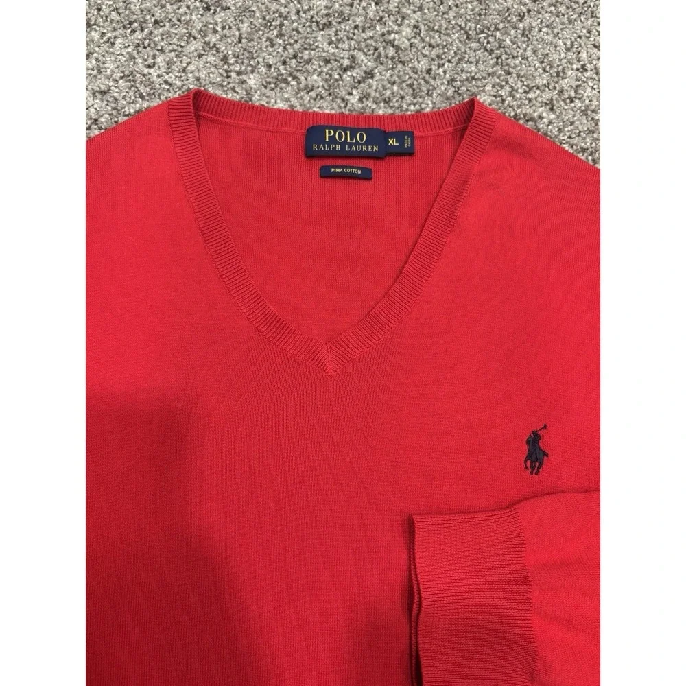 Polo Ralph Lauren Men's Red Pima Cotton‎ V-Neck Sweater Size XL Pony